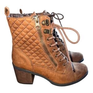 7 White Mountain DORSETT Quilted Grunge LaceUp Combat Boots Tan 2” Block Heeled